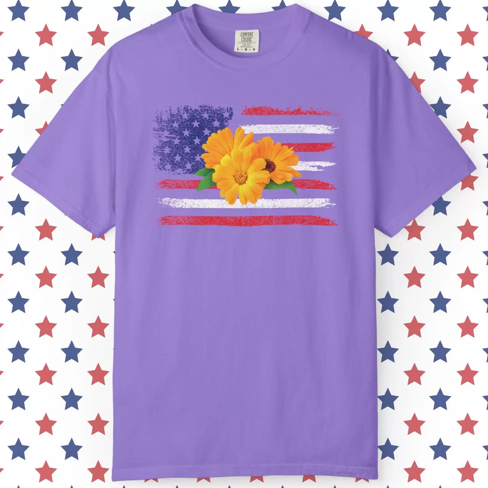 Flower Photo On Distressed USA Flag Premium T-Shirt 🇺🇸🌼💐🌸🪷🌺🌻 - Unisex Garment-Dyed T-shirt On Comfort Colors 1717 Violet by Vox Nova Clothing
