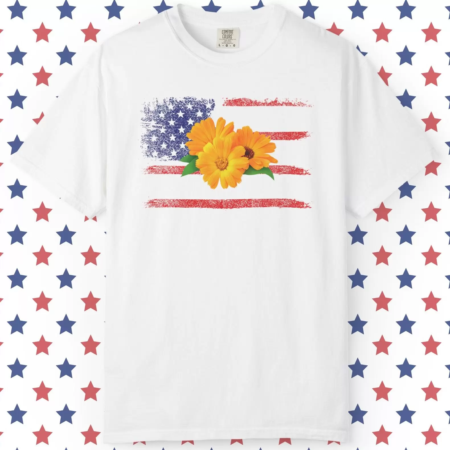 Flower Photo On Distressed USA Flag Premium T-Shirt 🇺🇸🌼💐🌸🪷🌺🌻 - Unisex Garment-Dyed T-shirt On Comfort Colors 1717 White by Vox Nova Clothing