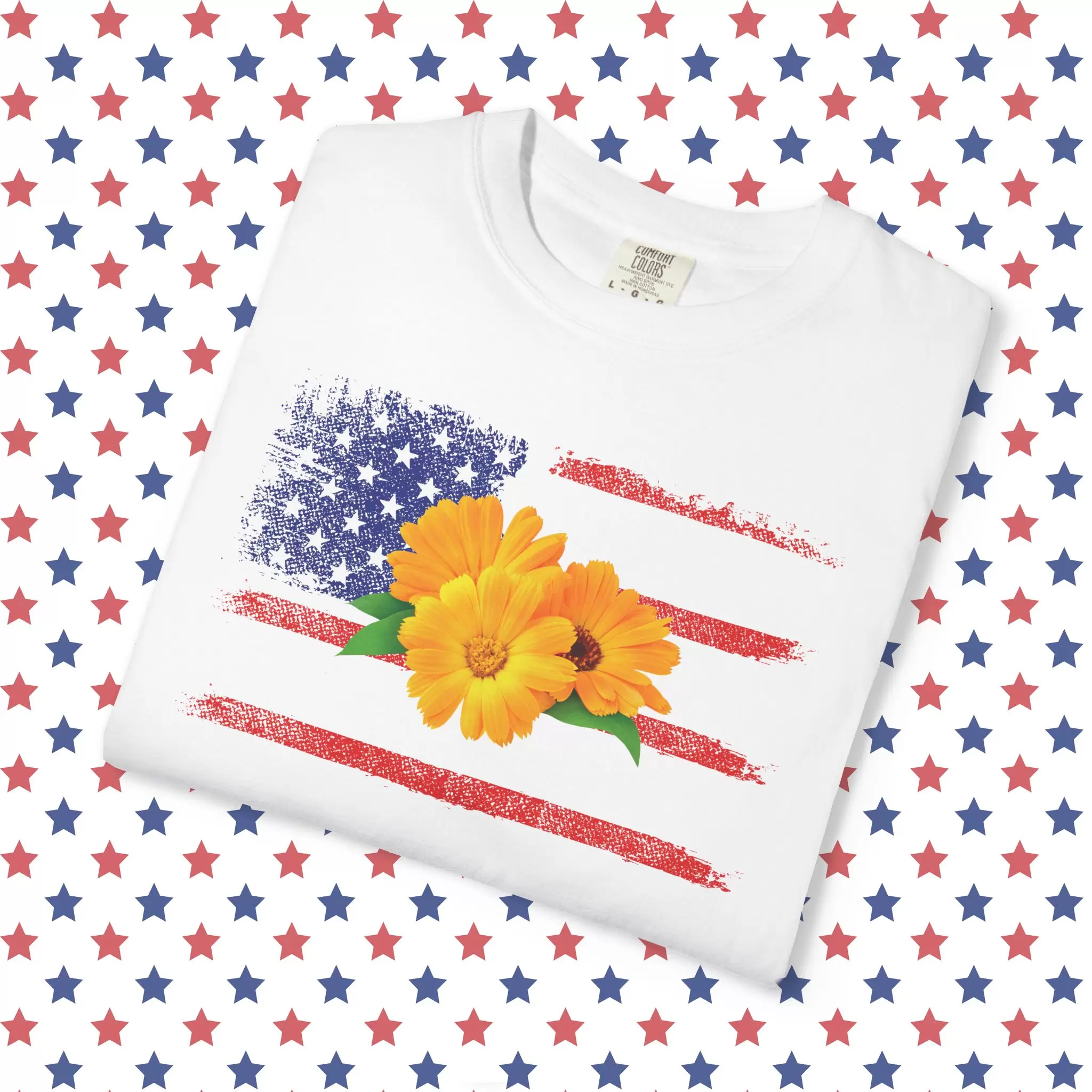 Flower Photo On Distressed USA Flag Premium T-Shirt 🇺🇸🌼💐🌸🪷🌺🌻 - Unisex Garment-Dyed T-shirt On Comfort Colors 1717 by Vox Nova Clothing