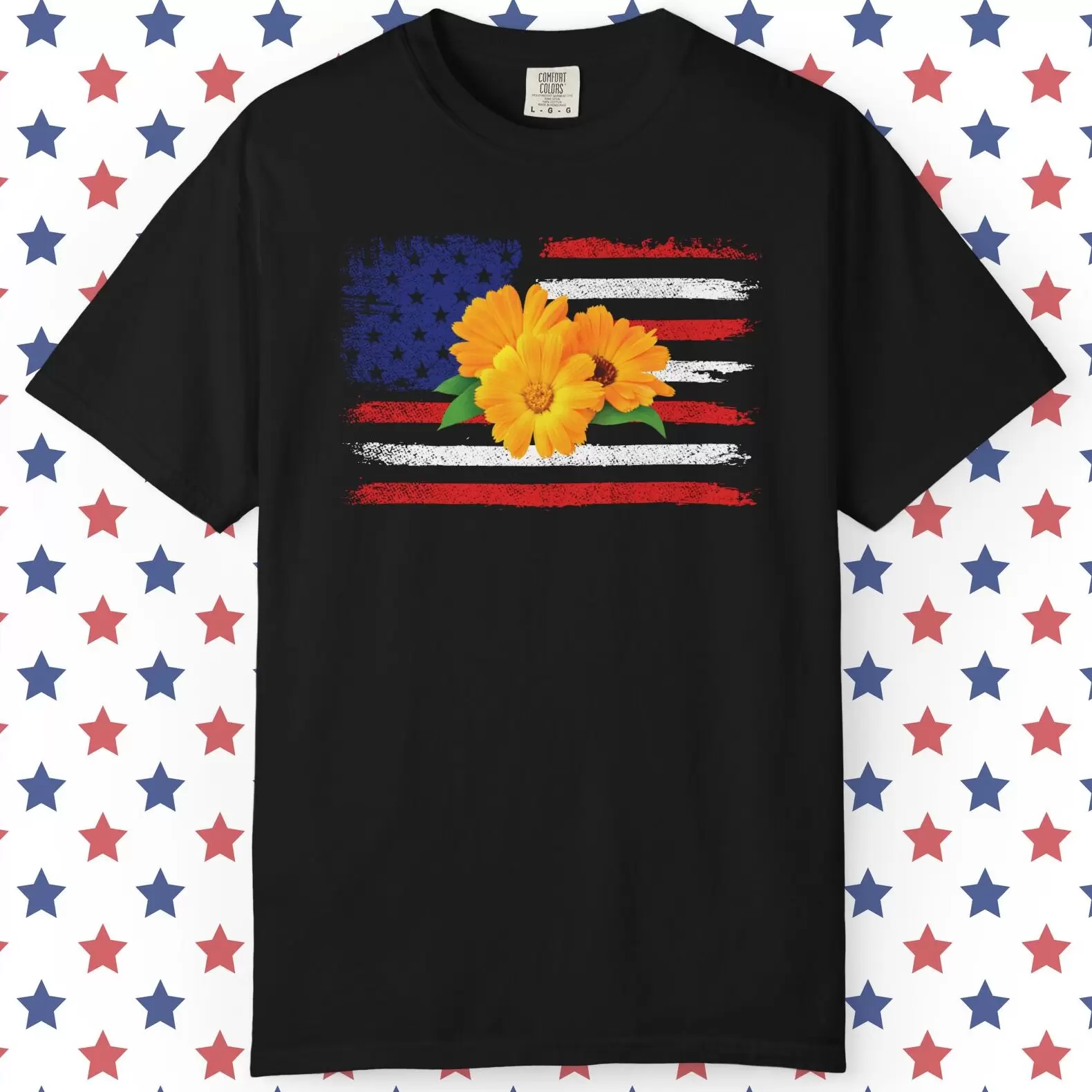 Flower Photo On Distressed USA Flag Premium T-Shirt 🇺🇸🌼💐🌸🪷🌺🌻 - Unisex Garment-Dyed T-shirt On Comfort Colors 1717 by Vox Nova Clothing