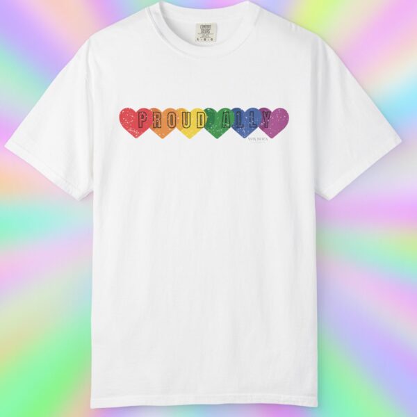 PROUD ALLY Premium Tee 🌈❤️🧡💛💚💙💜 Distressed Retro Look & Feel - Unisex Garment-Dyed T-shirt - Image 4