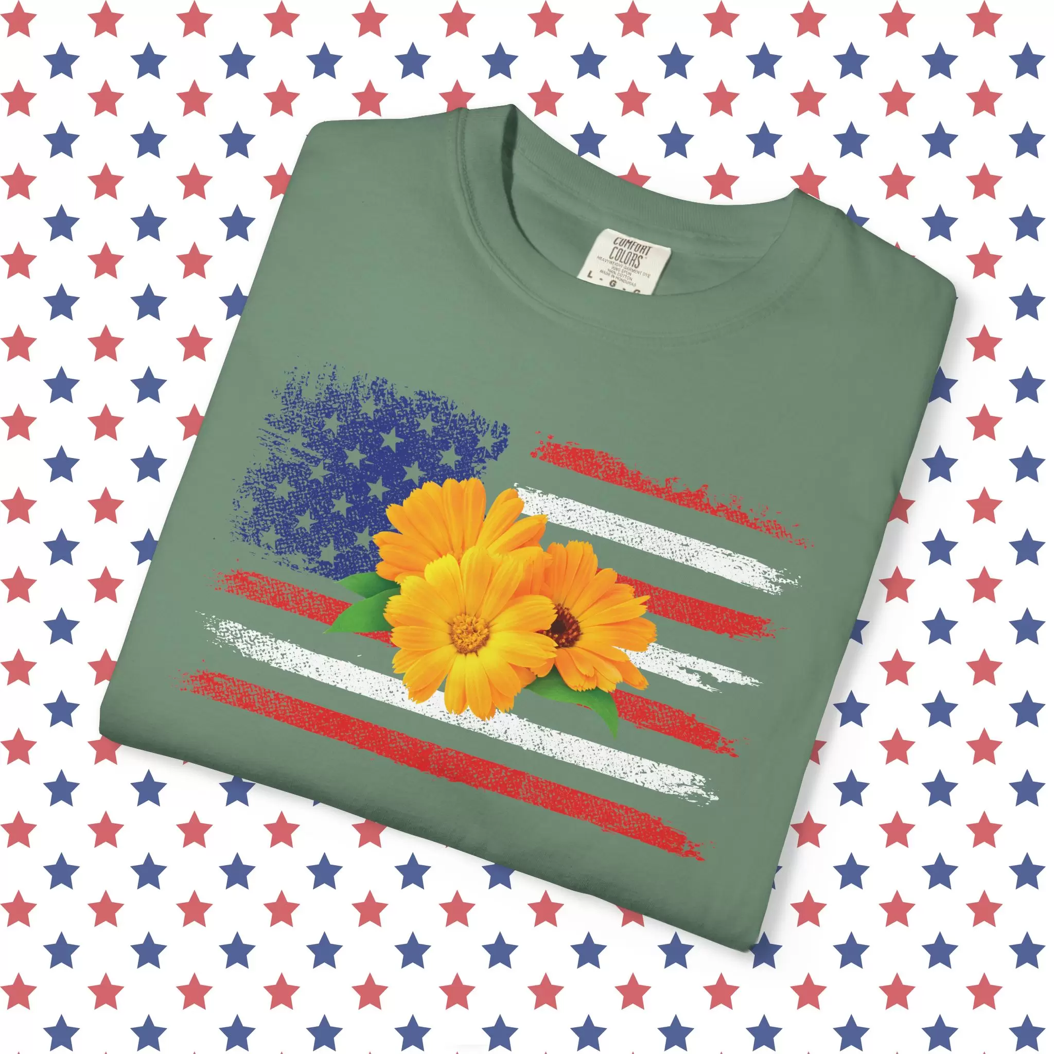 Flower Photo On Distressed USA Flag Premium T-Shirt 🇺🇸🌼💐🌸🪷🌺🌻 - Unisex Garment-Dyed T-shirt On Comfort Colors 1717 by Vox Nova Clothing