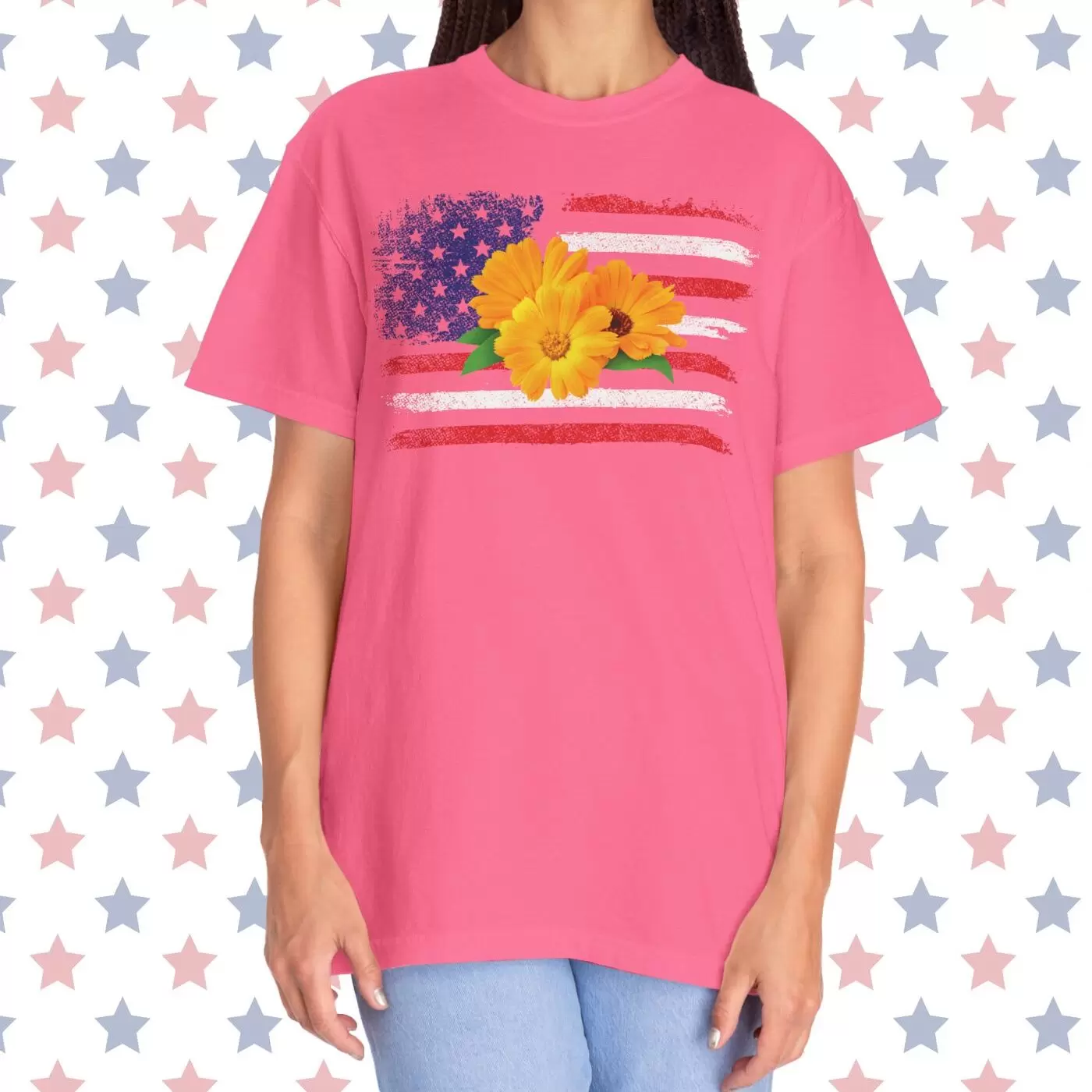 Flower Photo On Distressed USA Flag Premium T-Shirt 🇺🇸🌼💐🌸🪷🌺🌻 - Unisex Garment-Dyed T-shirt On Comfort Colors 1717 by Vox Nova Clothing