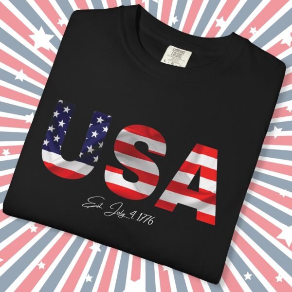 USA Est. July 4 1776 Flag Photo Lettering Premium Tee 🇺🇸✨ Unisex Garment-Dyed T-shirt on Super Soft Comfort Colors 1717