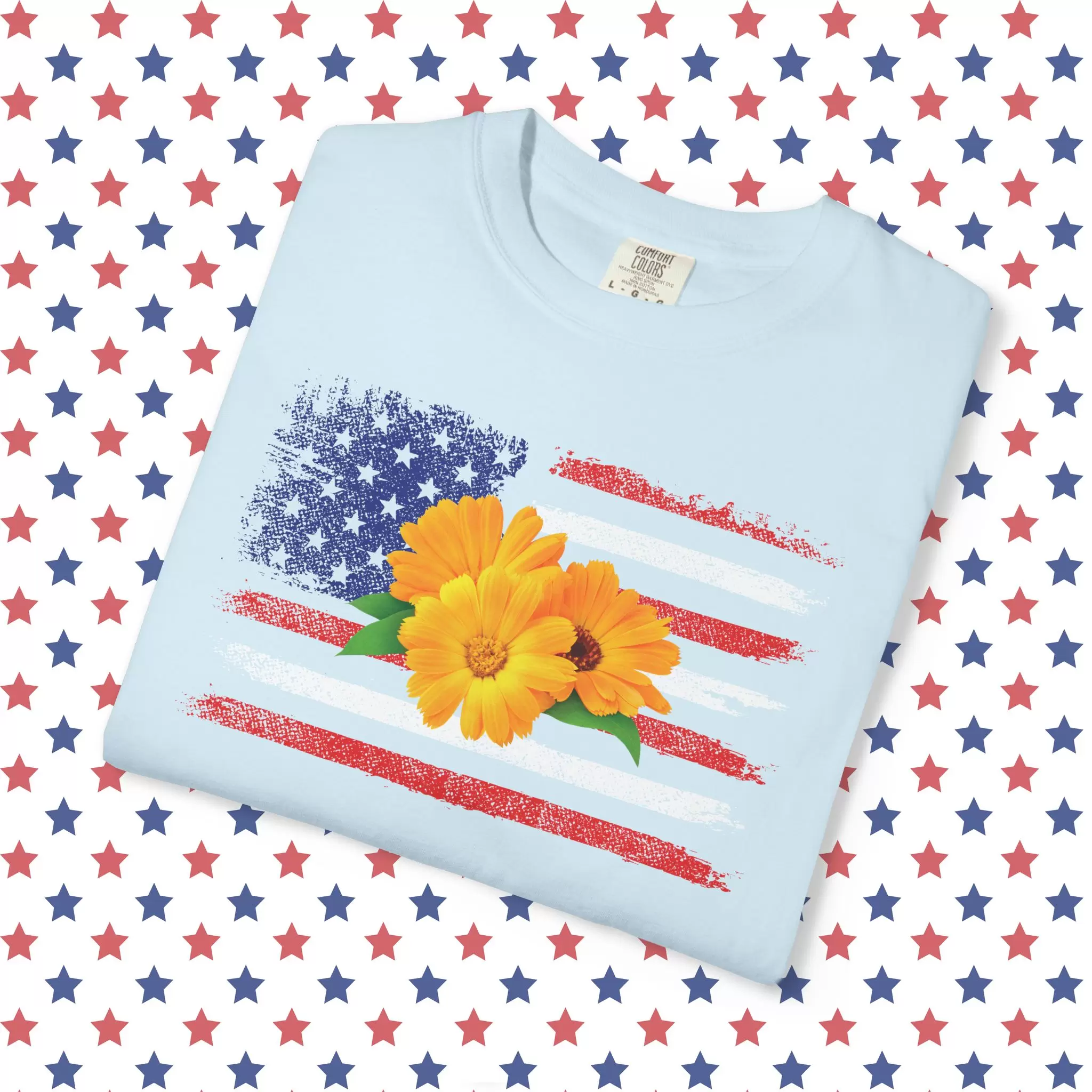 Flower Photo On Distressed USA Flag Premium T-Shirt 🇺🇸🌼💐🌸🪷🌺🌻 - Unisex Garment-Dyed T-shirt On Comfort Colors 1717 by Vox Nova Clothing