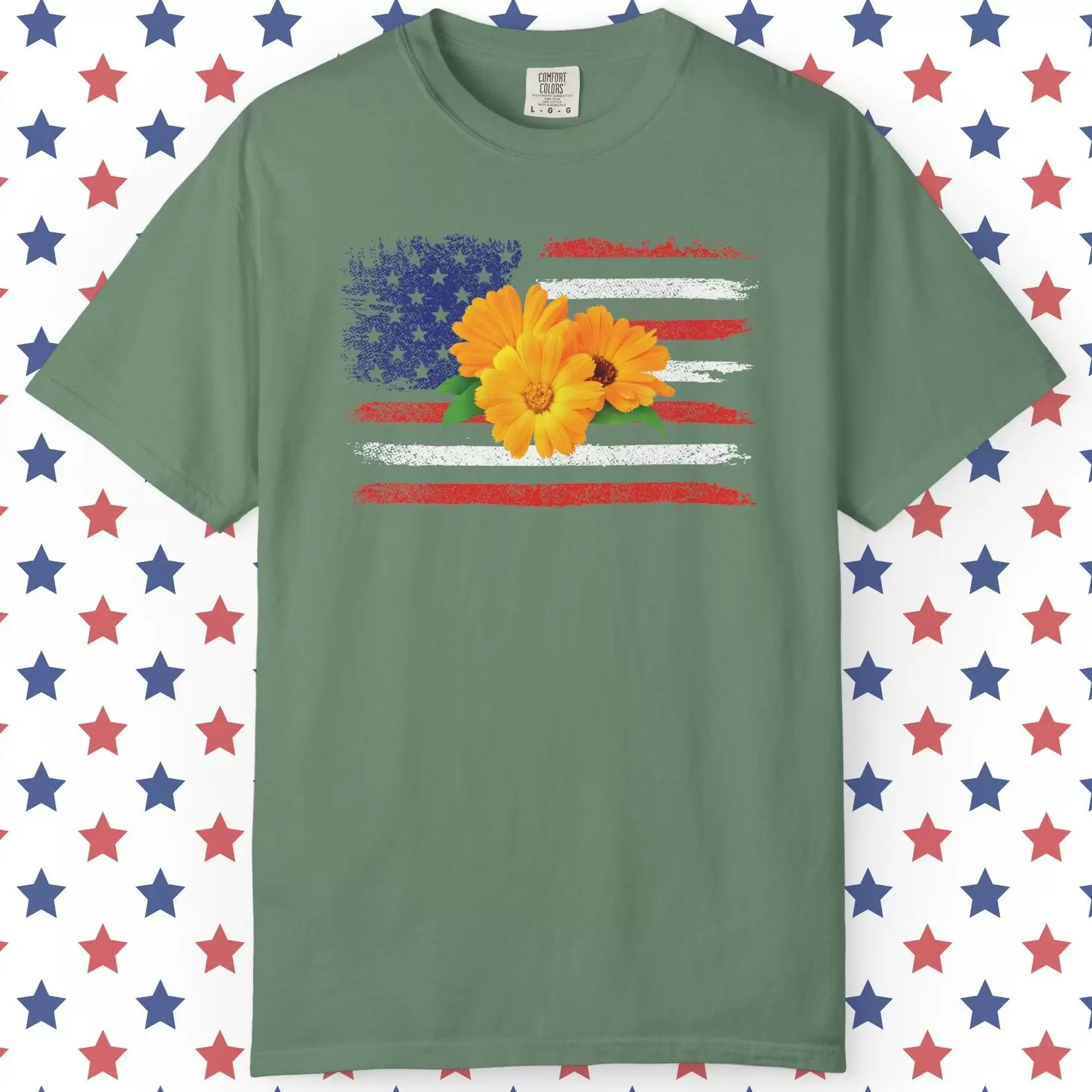 Flower Photo On Distressed USA Flag Premium T-Shirt 🇺🇸🌼💐🌸🪷🌺🌻 - Unisex Garment-Dyed T-shirt On Comfort Colors 1717 Light Green by Vox Nova Clothing