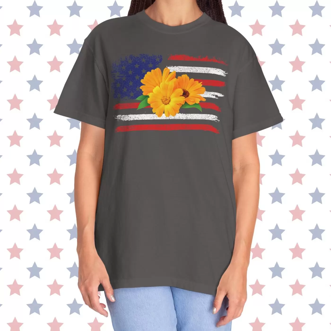 Flower Photo On Distressed USA Flag Premium T-Shirt 🇺🇸🌼💐🌸🪷🌺🌻 - Unisex Garment-Dyed T-shirt On Comfort Colors 1717 by Vox Nova Clothing