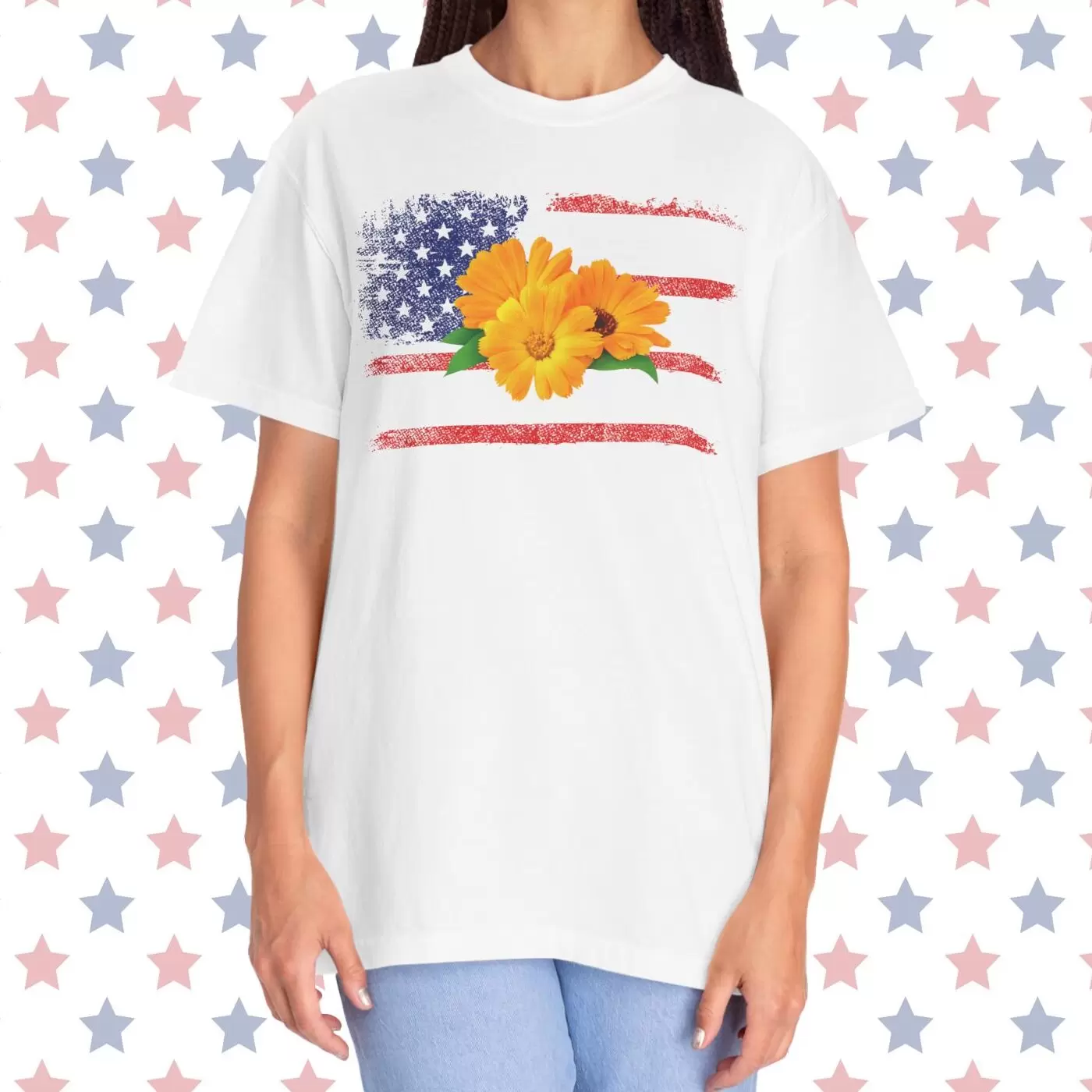 Flower Photo On Distressed USA Flag Premium T-Shirt 🇺🇸🌼💐🌸🪷🌺🌻 - Unisex Garment-Dyed T-shirt On Comfort Colors 1717 by Vox Nova Clothing