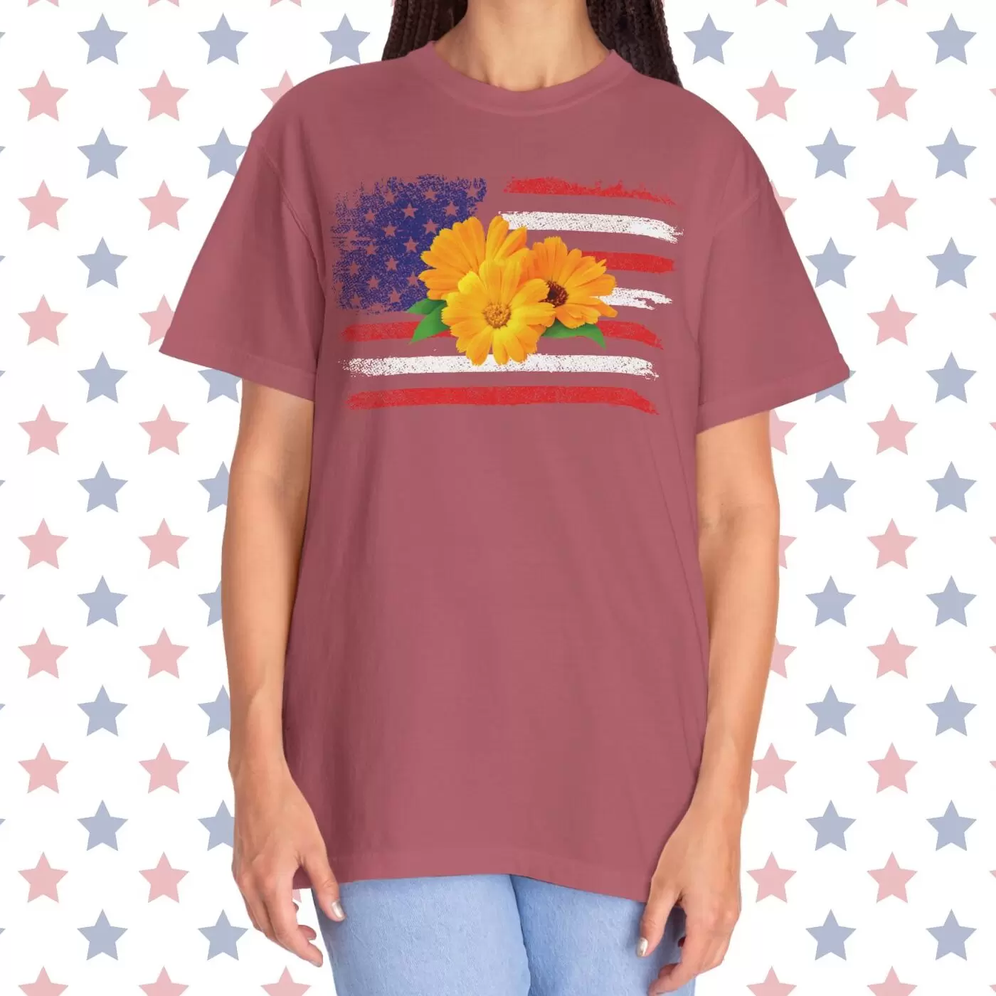 Flower Photo On Distressed USA Flag Premium T-Shirt 🇺🇸🌼💐🌸🪷🌺🌻 - Unisex Garment-Dyed T-shirt On Comfort Colors 1717 by Vox Nova Clothing