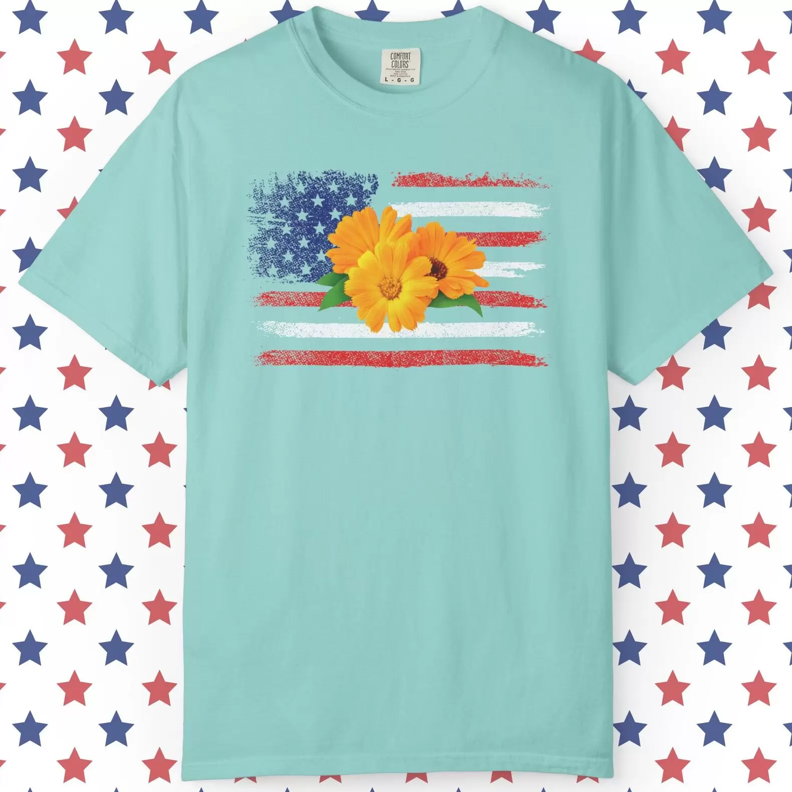 Flower Photo On Distressed USA Flag Premium T-Shirt 🇺🇸🌼💐🌸🪷🌺🌻 - Unisex Garment-Dyed T-shirt On Comfort Colors 1717 Chalky Mint by Vox Nova Clothing