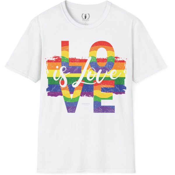 Love is Love Paint Flag Distressed Retro Look Premium Pride LGBTQ+ Tee 🏳️‍🌈❤️🧡💛💚💙💜 🏳️‍🌈🌈🏳️‍⚧️ Pride Colors T-Shirt - Premium Soft Cotton Tee - Large Letters - Image 3