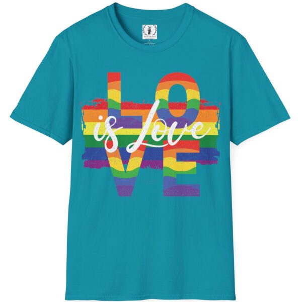 Love is Love Paint Flag Distressed Retro Look Premium Pride LGBTQ+ Tee 🏳️‍🌈❤️🧡💛💚💙💜 🏳️‍🌈🌈🏳️‍⚧️ Pride Colors T-Shirt - Premium Soft Cotton Tee - Large Letters - Image 8