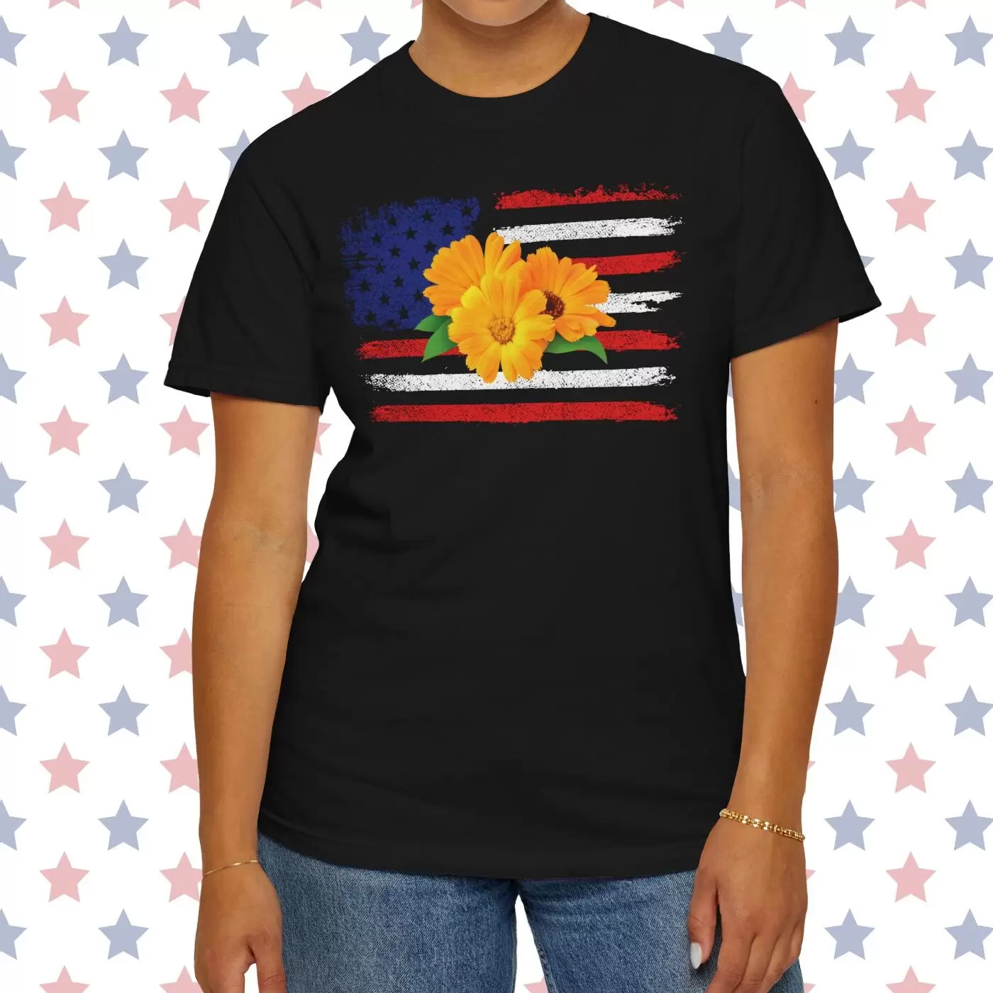Flower Photo On Distressed USA Flag Premium T-Shirt 🇺🇸🌼💐🌸🪷🌺🌻 - Unisex Garment-Dyed T-shirt On Comfort Colors 1717 by Vox Nova Clothing