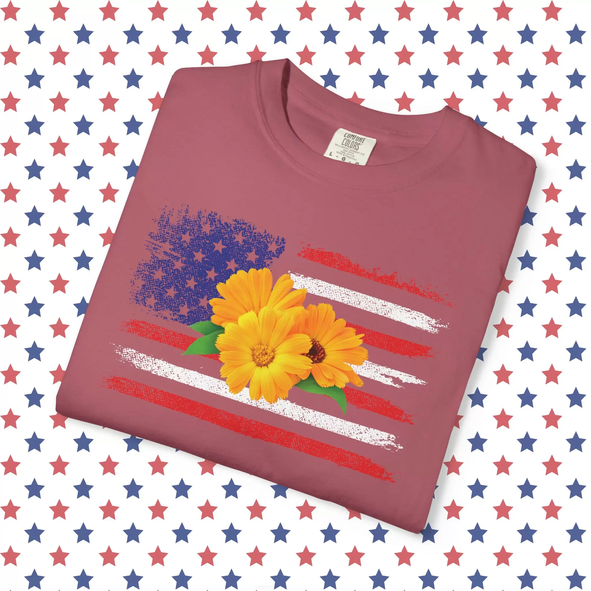 Flower Photo On Distressed USA Flag Premium T-Shirt 🇺🇸🌼💐🌸🪷🌺🌻 - Unisex Garment-Dyed T-shirt On Comfort Colors 1717 by Vox Nova Clothing