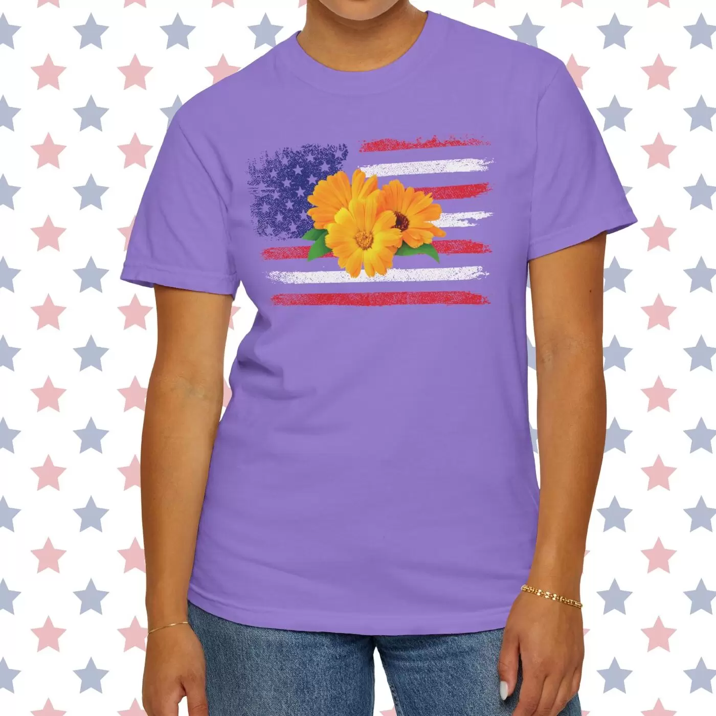 Flower Photo On Distressed USA Flag Premium T-Shirt 🇺🇸🌼💐🌸🪷🌺🌻 - Unisex Garment-Dyed T-shirt On Comfort Colors 1717 by Vox Nova Clothing