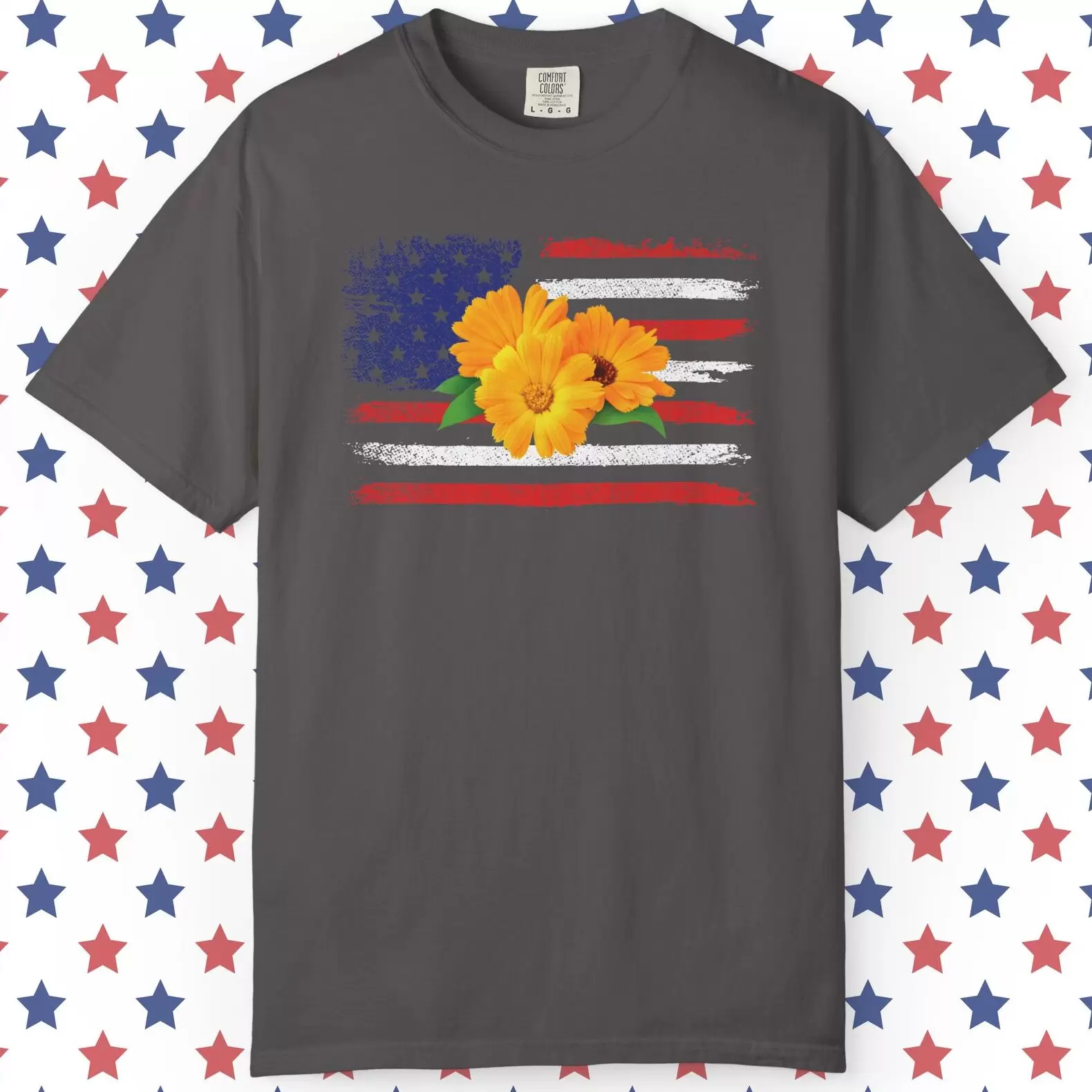 Flower Photo On Distressed USA Flag Premium T-Shirt 🇺🇸🌼💐🌸🪷🌺🌻 - Unisex Garment-Dyed T-shirt On Comfort Colors 1717 Graphite by Vox Nova Clothing