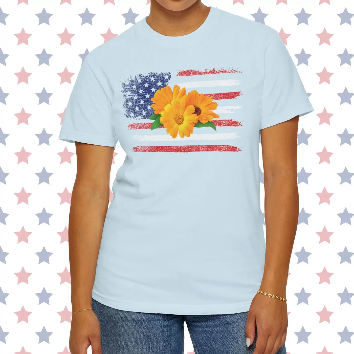 Flower Photo On Distressed USA Flag Premium T-Shirt 🇺🇸🌼💐🌸🪷🌺🌻 - Unisex Garment-Dyed T-shirt On Comfort Colors 1717 by Vox Nova Clothing