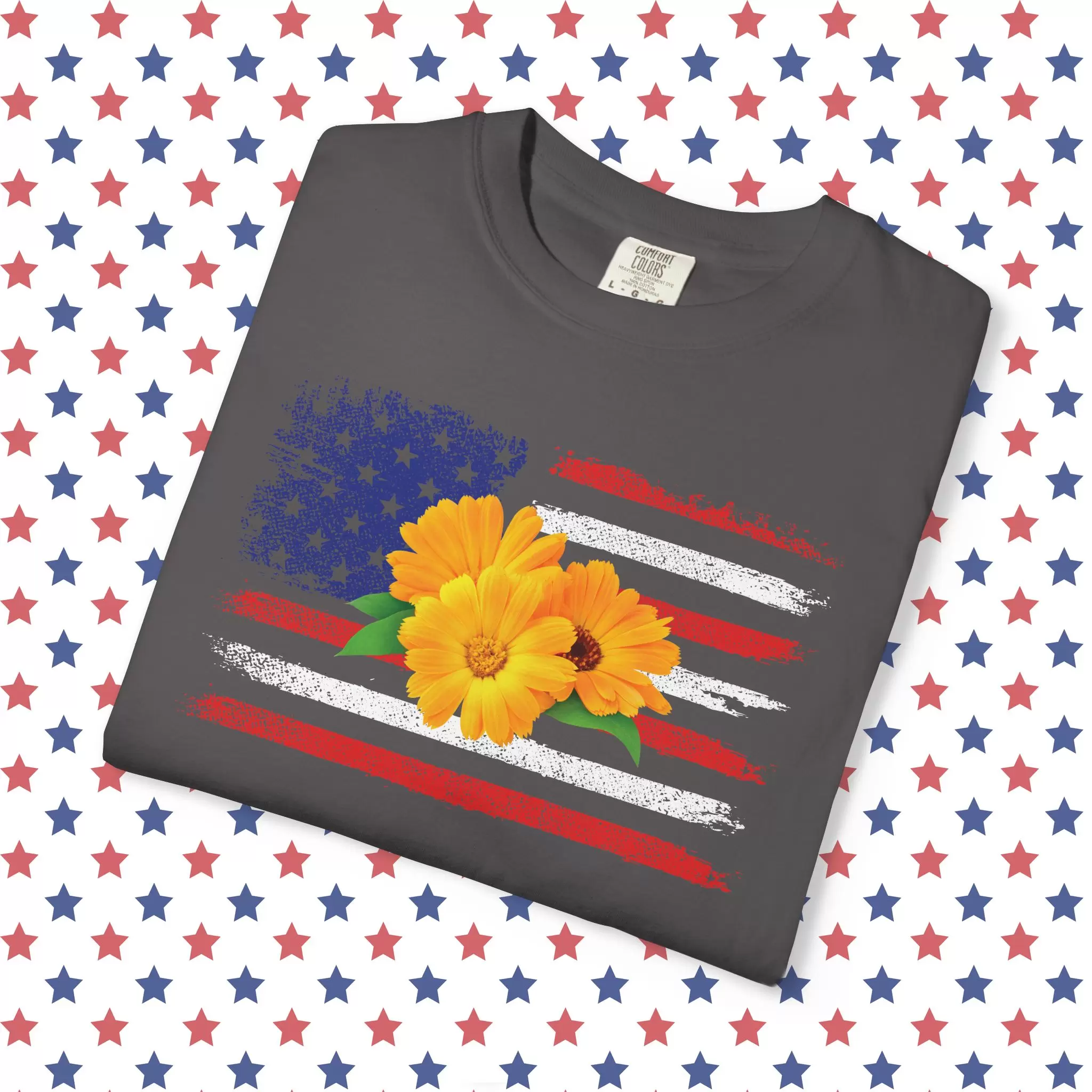 Flower Photo On Distressed USA Flag Premium T-Shirt 🇺🇸🌼💐🌸🪷🌺🌻 - Unisex Garment-Dyed T-shirt On Comfort Colors 1717 by Vox Nova Clothing