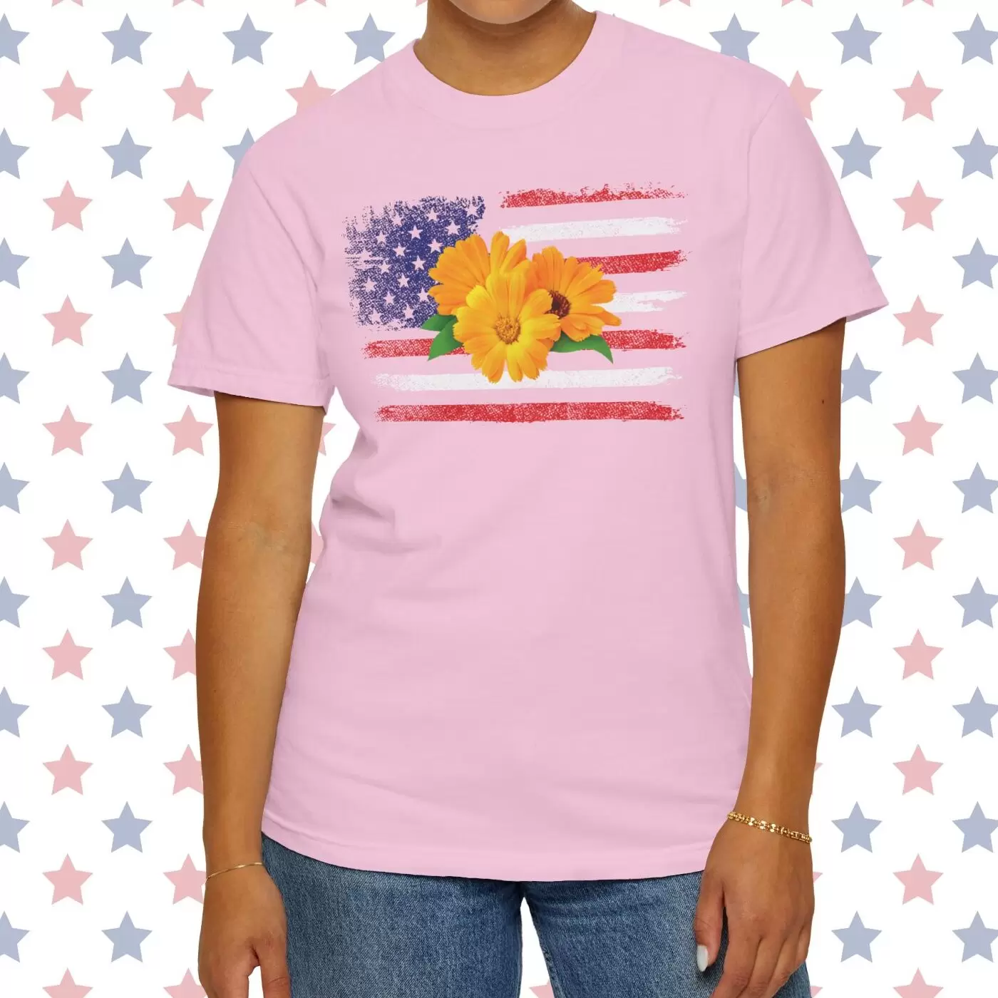 Flower Photo On Distressed USA Flag Premium T-Shirt 🇺🇸🌼💐🌸🪷🌺🌻 - Unisex Garment-Dyed T-shirt On Comfort Colors 1717 by Vox Nova Clothing