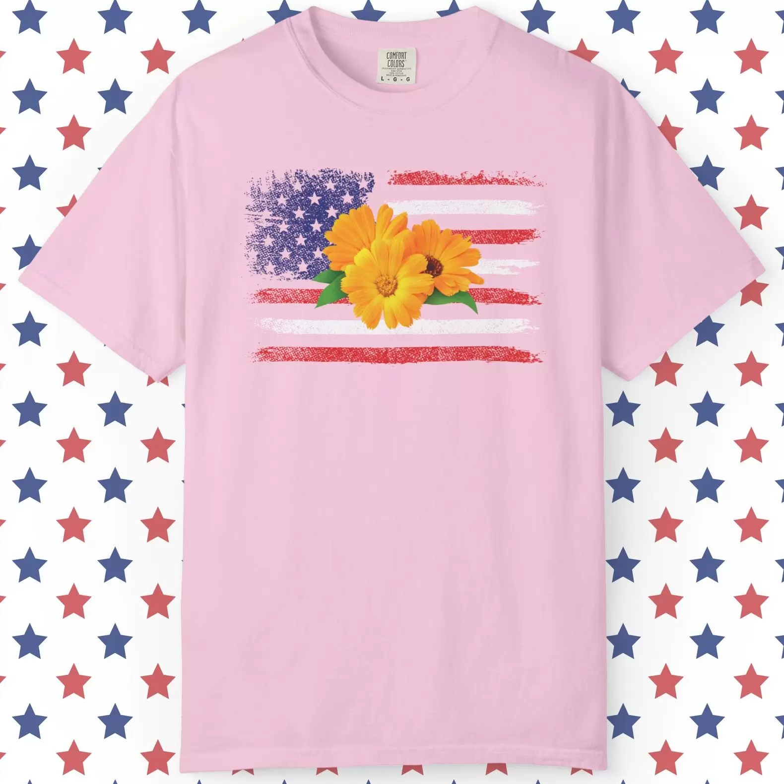 Flower Photo On Distressed USA Flag Premium T-Shirt 🇺🇸🌼💐🌸🪷🌺🌻 - Unisex Garment-Dyed T-shirt On Comfort Colors 1717 Blossom by Vox Nova Clothing