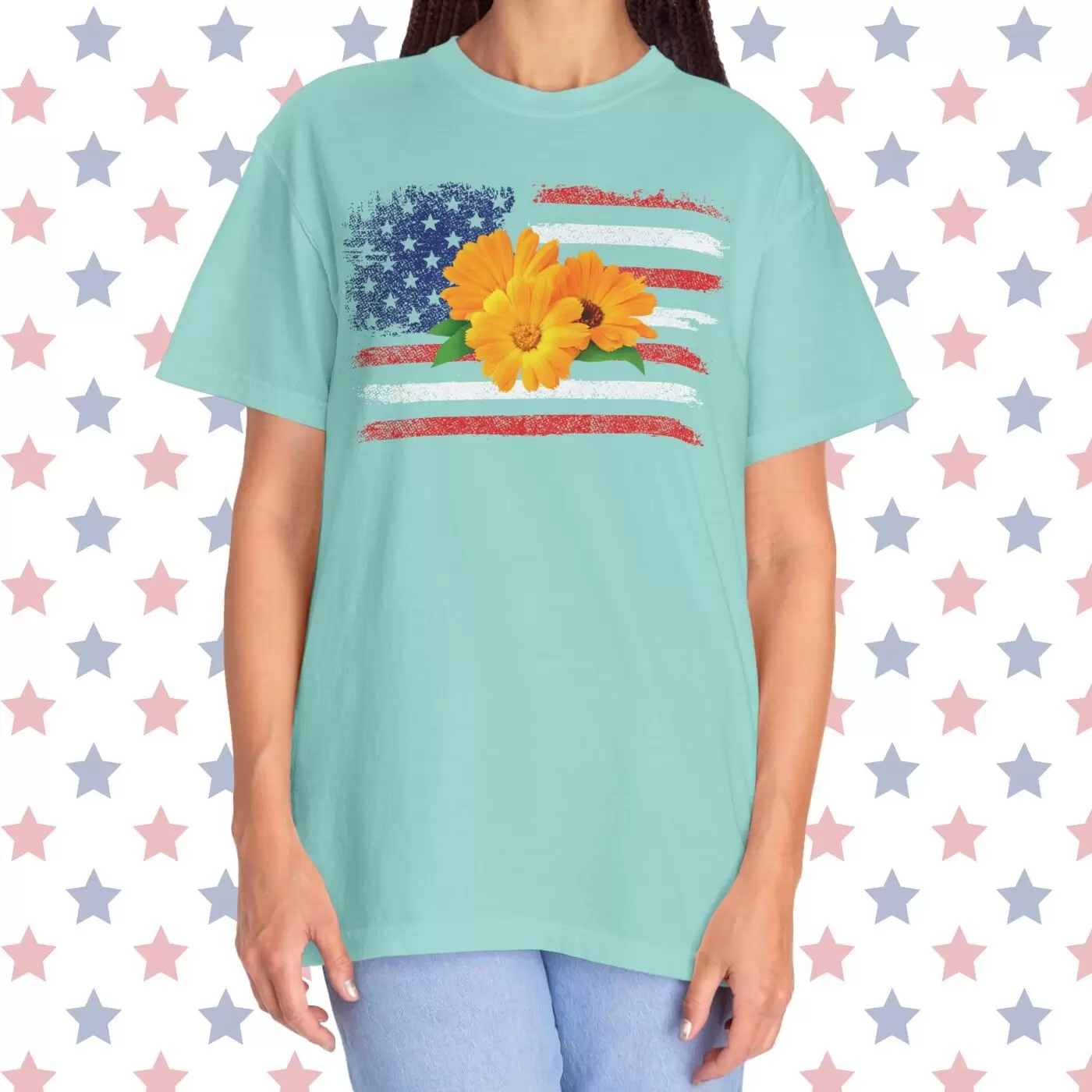 Flower Photo On Distressed USA Flag Premium T-Shirt 🇺🇸🌼💐🌸🪷🌺🌻 - Unisex Garment-Dyed T-shirt On Comfort Colors 1717 by Vox Nova Clothing