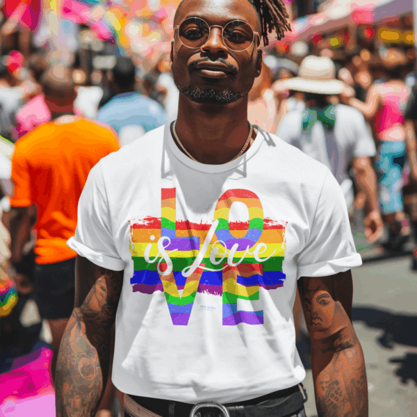 Love is Love Paint Flag Distressed Retro Look Premium Pride LGBTQ+ Tee 🏳️‍🌈❤️🧡💛💚💙💜 🏳️‍🌈🌈🏳️‍⚧️ Pride Colors T-Shirt - Premium Soft Cotton Tee - Large Letters - Image 2