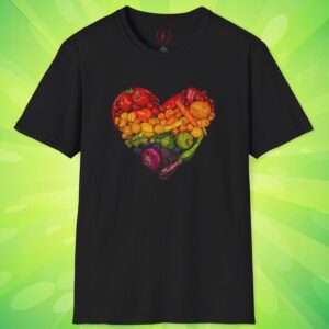 Vegan Heart 💖🍌🍇🍈🍍🍉🥭🍎🍊🍋🍏🍐🍋‍🟩🍅🍆🥔🥕🫑🥒🥜🫛🍄‍🟫🍠- Unisex Softstyle T-Shirt